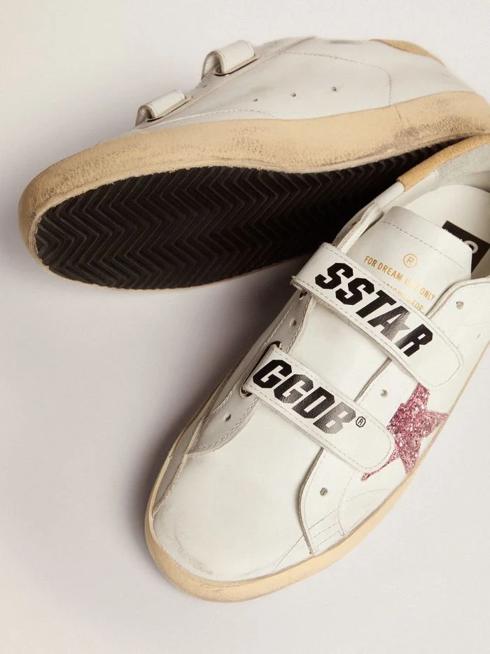 GOLDEN GOOSE Old School Sneakers With Pink Glitter Star And Sand-colored Suede Heel Tab