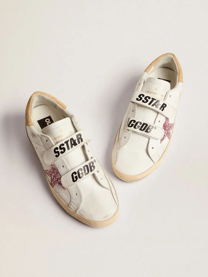 GOLDEN GOOSE Old School Sneakers With Pink Glitter Star And Sand-colored Suede Heel Tab