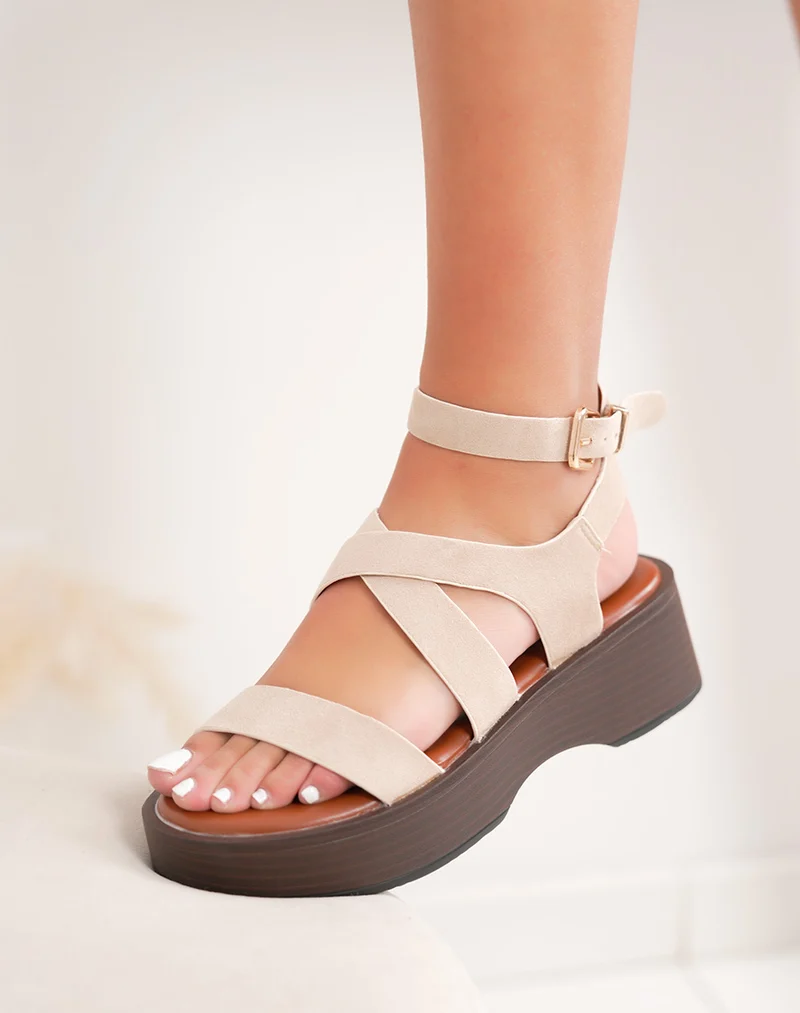 Mules beige lanière ajustable à petite plate-forme