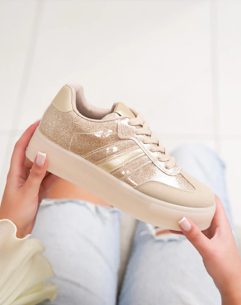 Basket femme dorée pailletée tendance à plateforme élégante et lumineuse