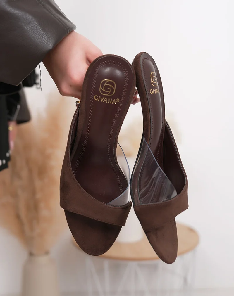 Mules femme marron élégantes à talon aiguille avec bride transparente