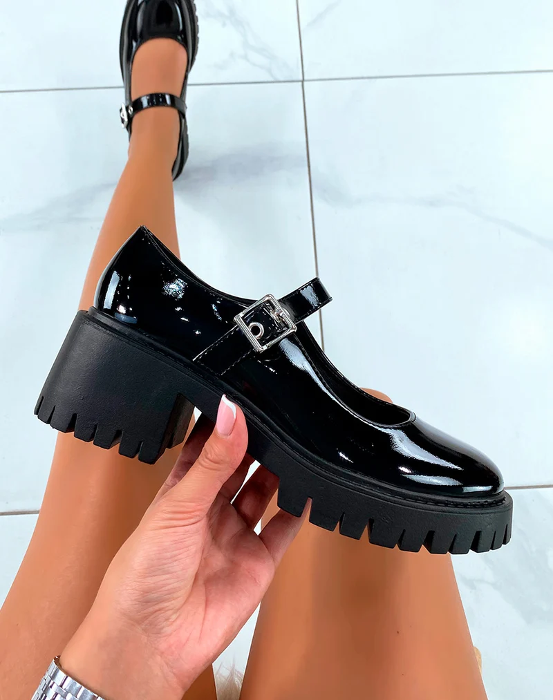 Mocassin ouvert noir verni avec bride ajustable pour Femmes