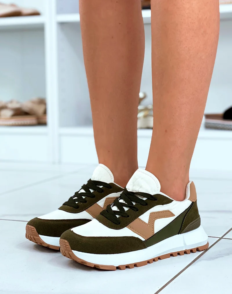 Baskets beiges et kaki avec empiècement taupe