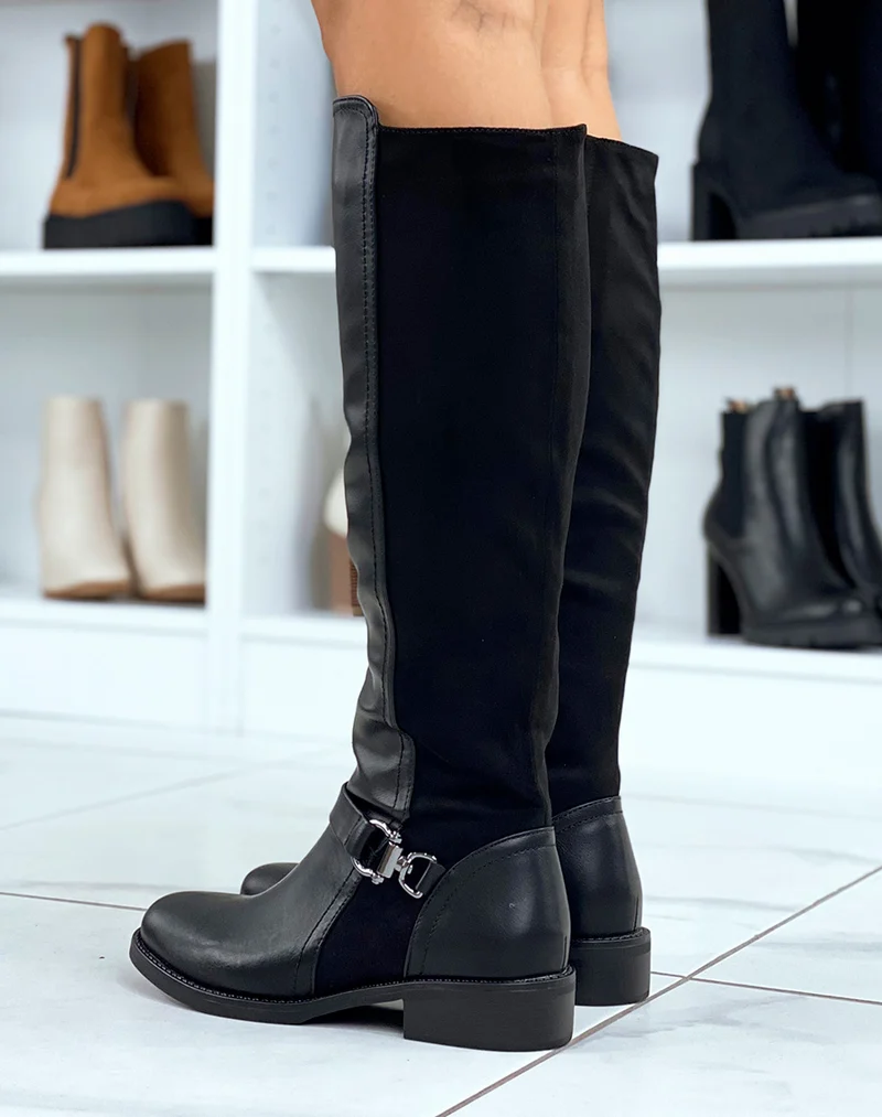Bottes noires en suédine bi-matière avec boucle argentée