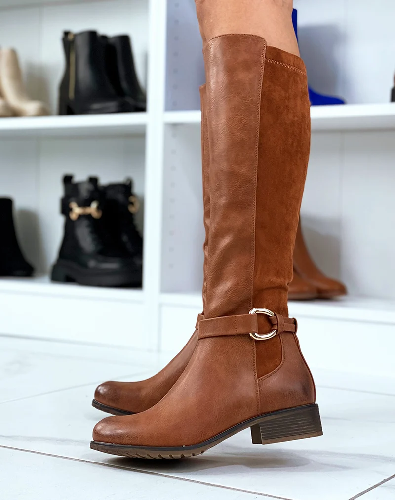 Bottes camel bi-matière à lanière à détail doré