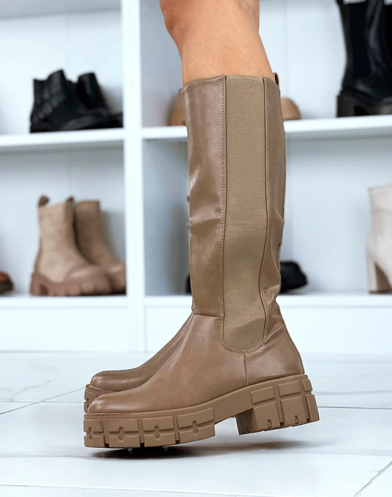 Bottes hautes taupe à plateforme épaisse