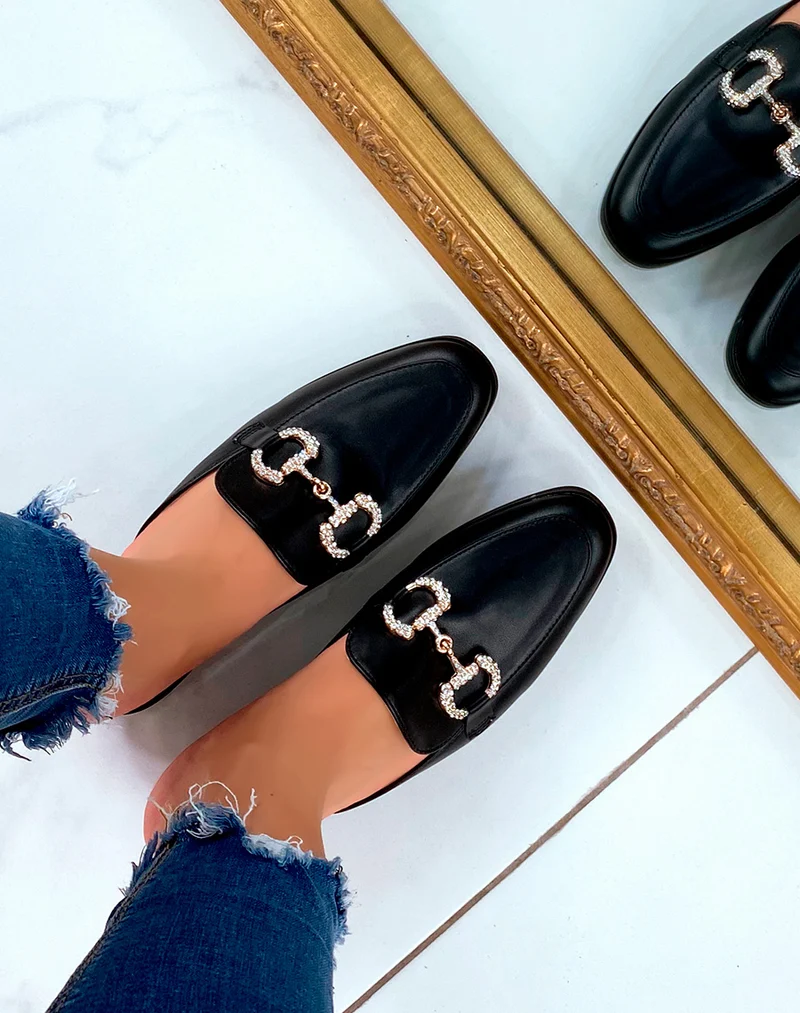 Mules mocassins noires à détails strass
