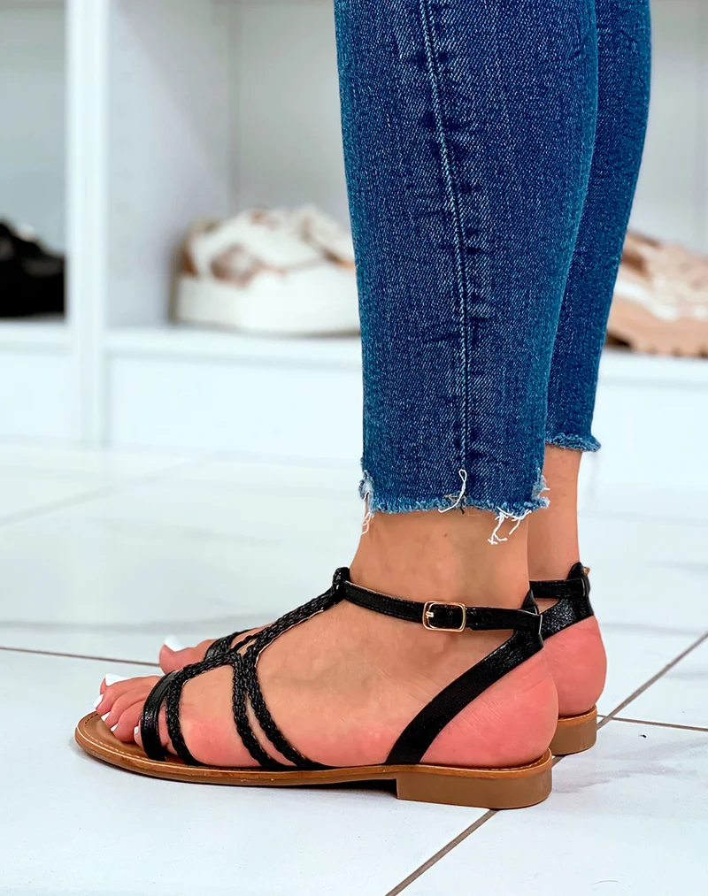 Nu-pieds noirs à multiples brides tressées