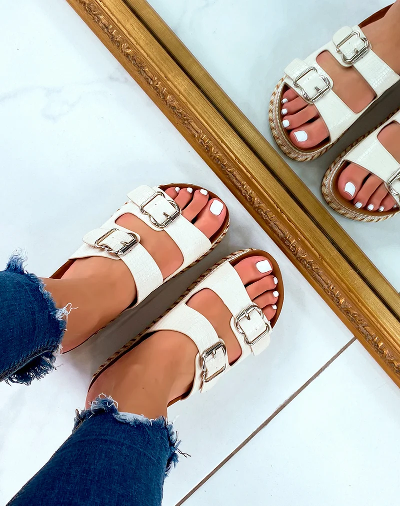 Mules à double lanières beige et grosse plateforme