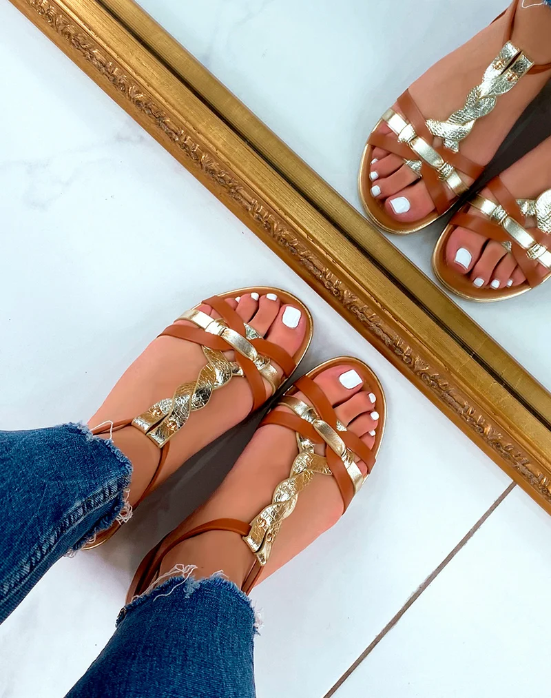 Nu-pieds camel à double brides torsadées