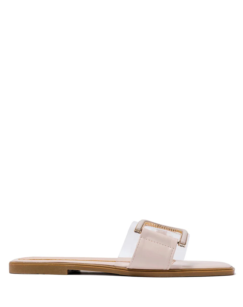 Mules plates beiges à bride transparente et bijoux doré