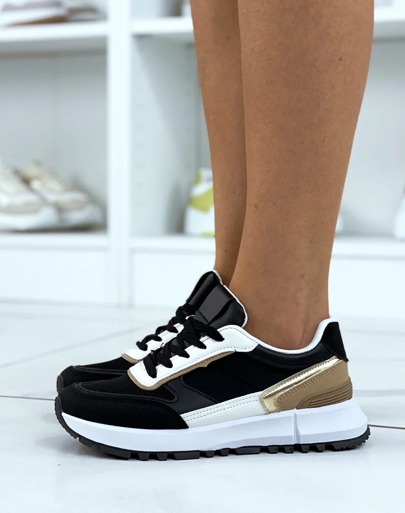 Baskets noires et blanches bi-matières