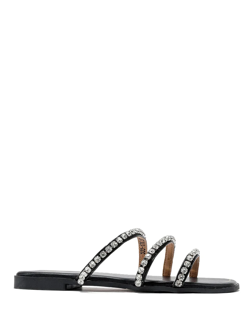 Mules plates noires à triple brides à strass