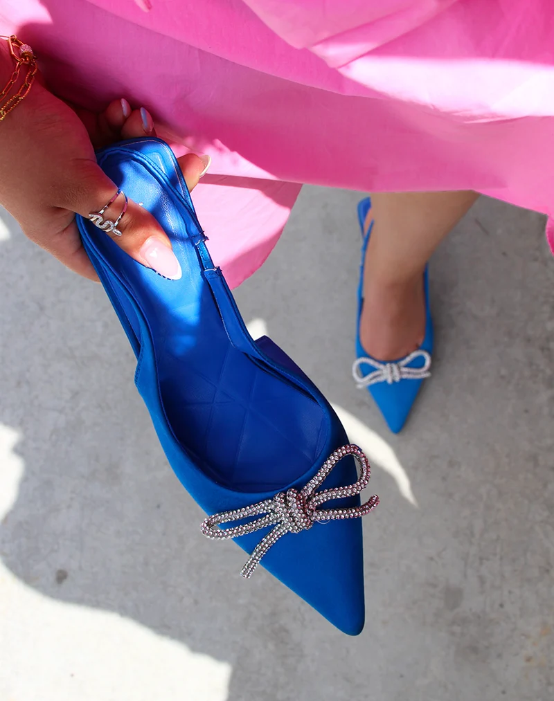 Escarpins bleues à noeud avec strass et talon fin