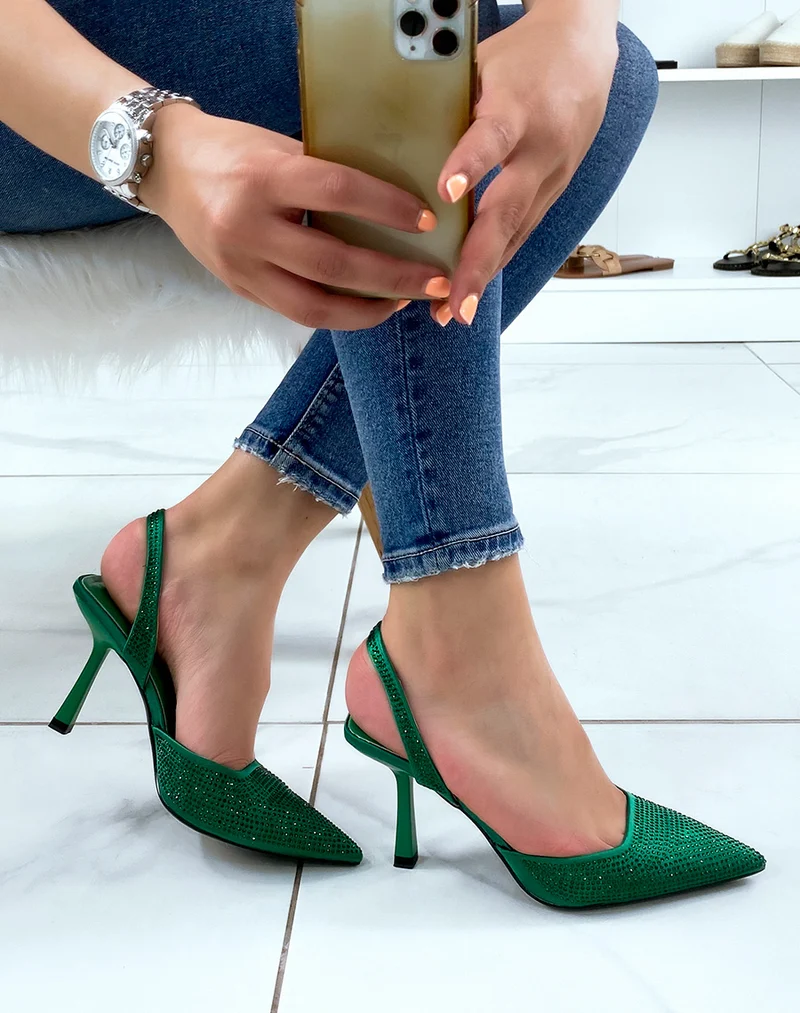 Escarpins ouverts verts à strass