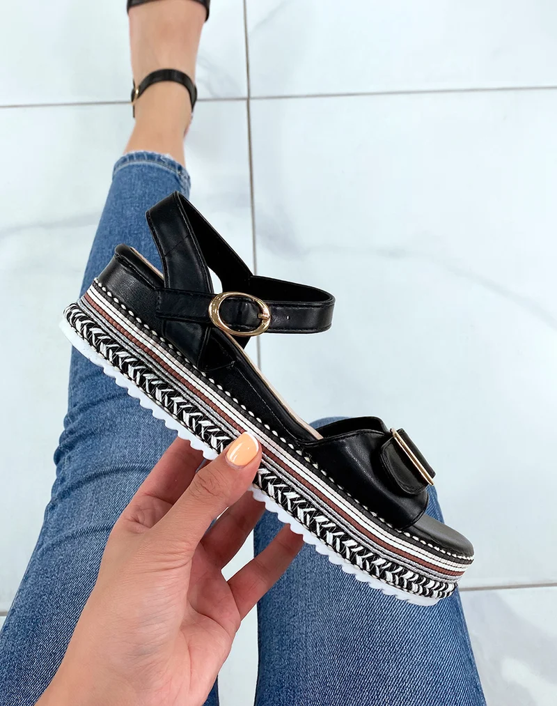 Sandales noires à semelle épaisse bride ajustable et motifs aztèques