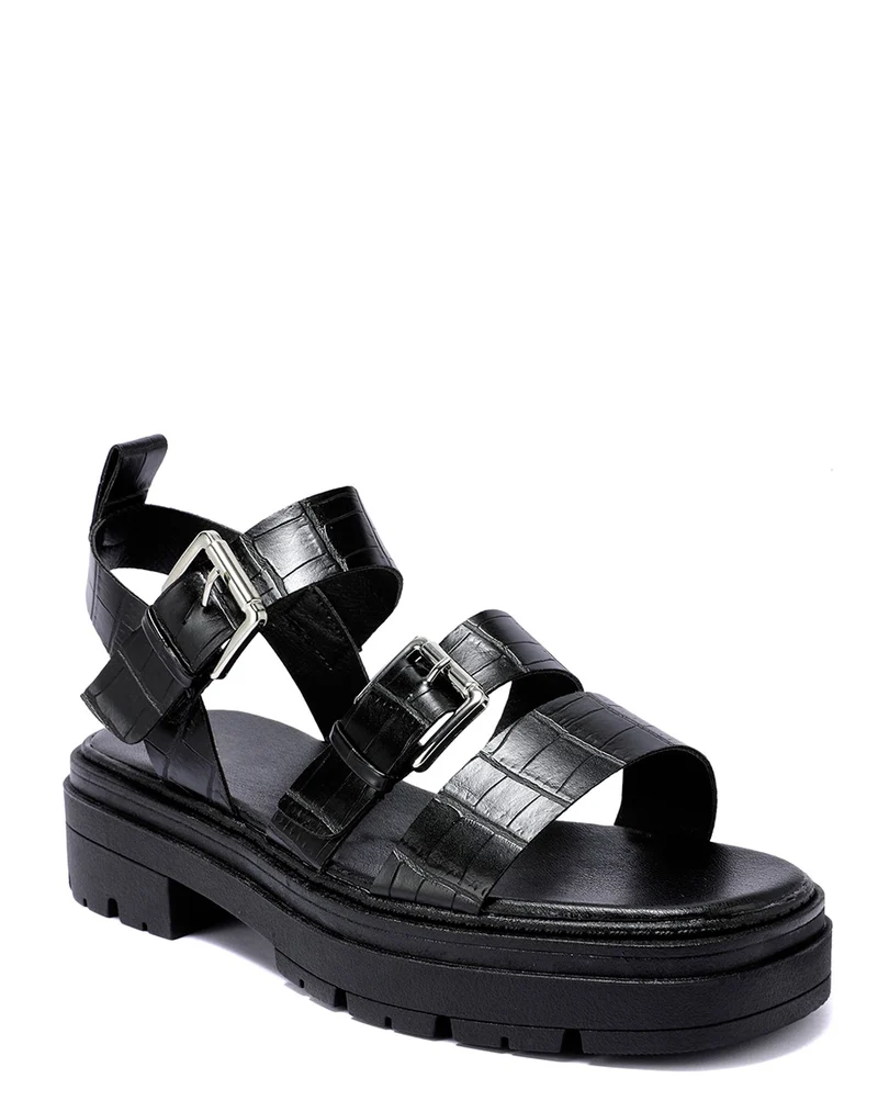 Sandales noires effet croco à multiples brides épaisses et semelle crantée