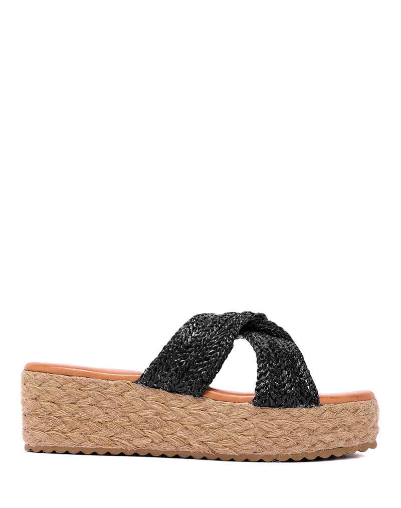 Mules à brides croisées en corde noire et semelle épaisse en toile de jute