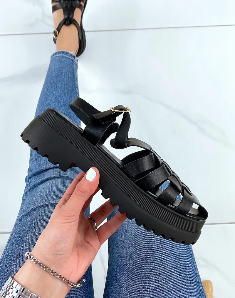 Sandales noires semi-fermées à multiples brides et semelle crantée