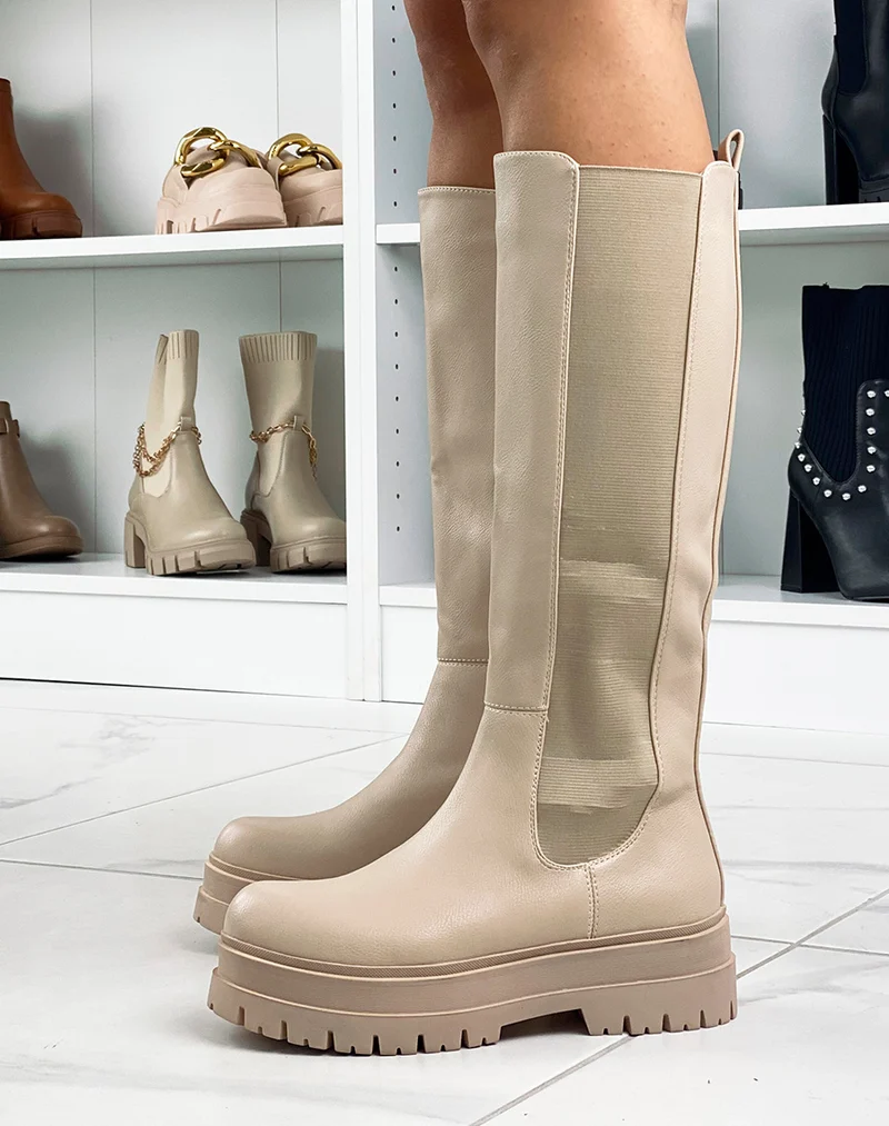 Bottes hautes beiges style chelsea