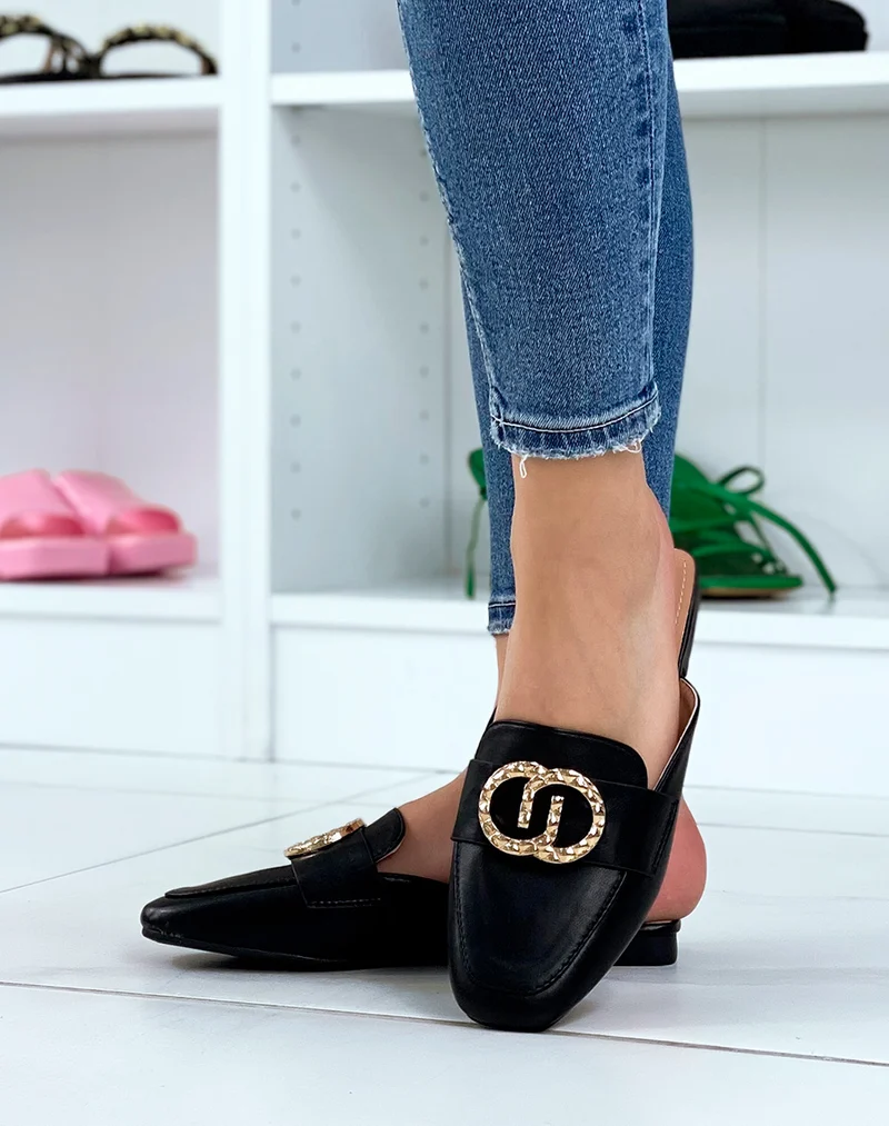 Mules mocassins noirs à bijoux doré avant