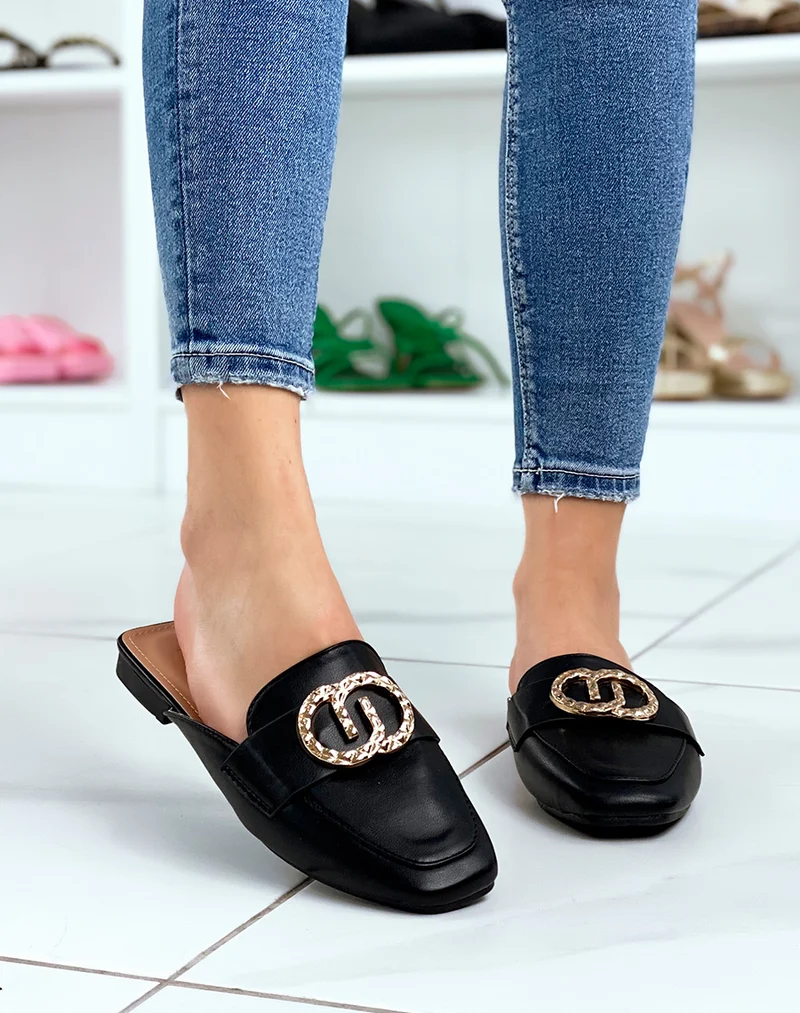 Mules mocassins noirs à bijoux doré avant