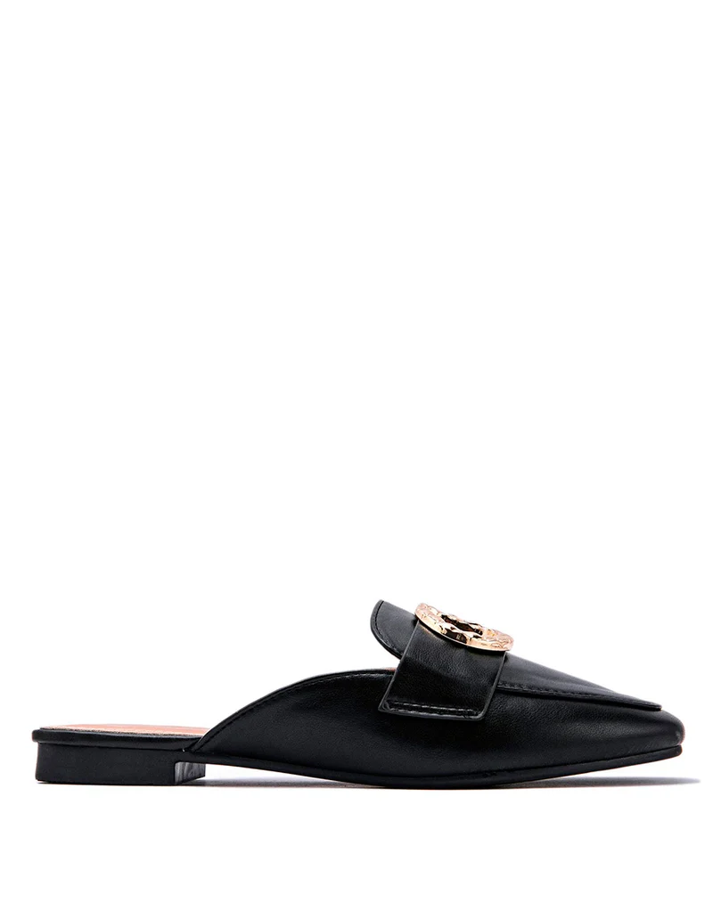 Mules mocassins noirs à bijoux doré avant