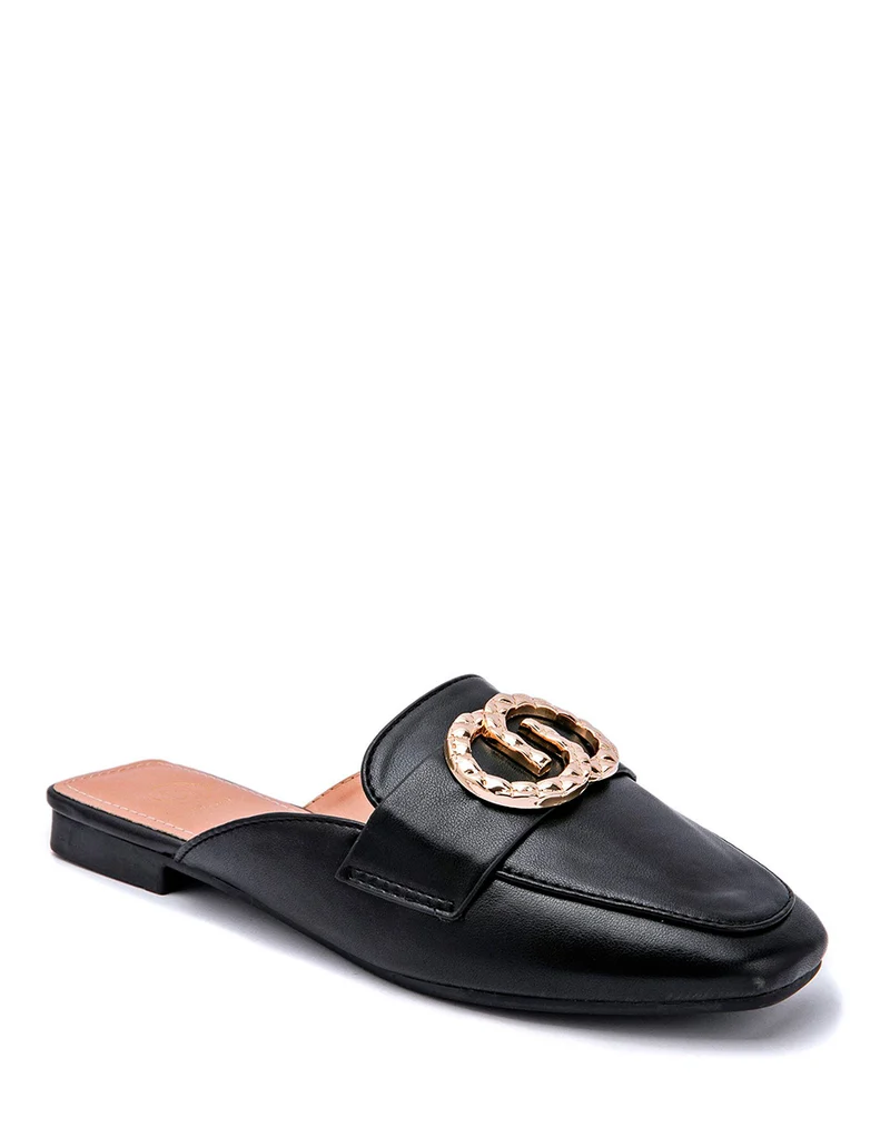 Mules mocassins noirs à bijoux doré avant