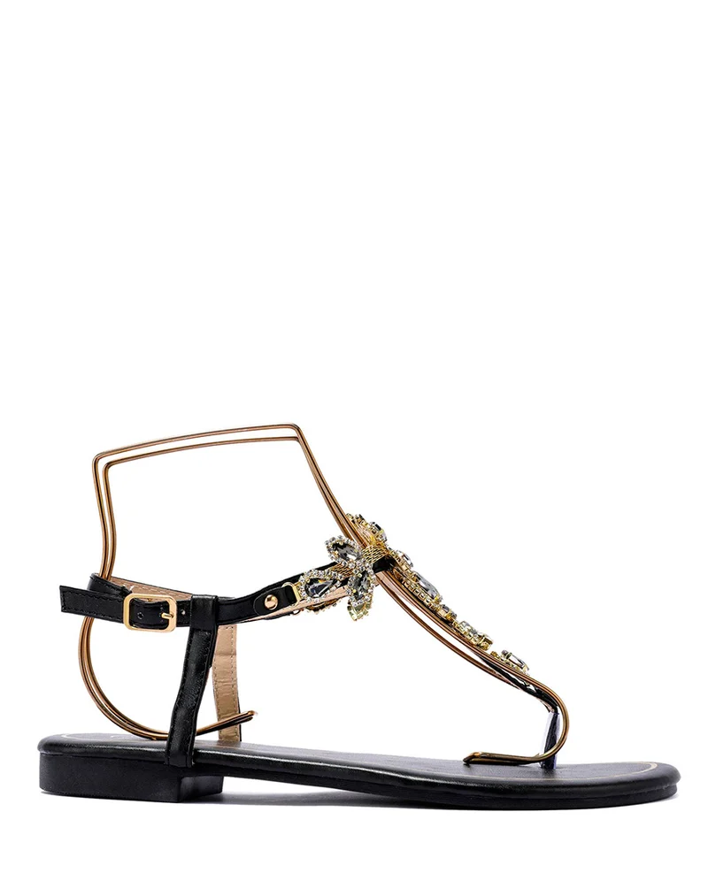 Nu-pieds noirs à multiples bijoux brillants noirs et dorés