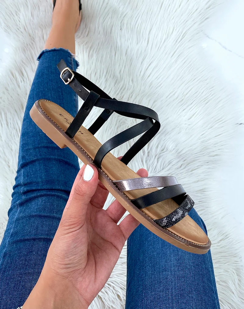 Nu-pieds noirs à multiples brides et motif animalier