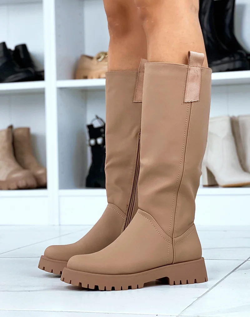 Bottes hautes beige foncé gommé avec empiècement en tissu