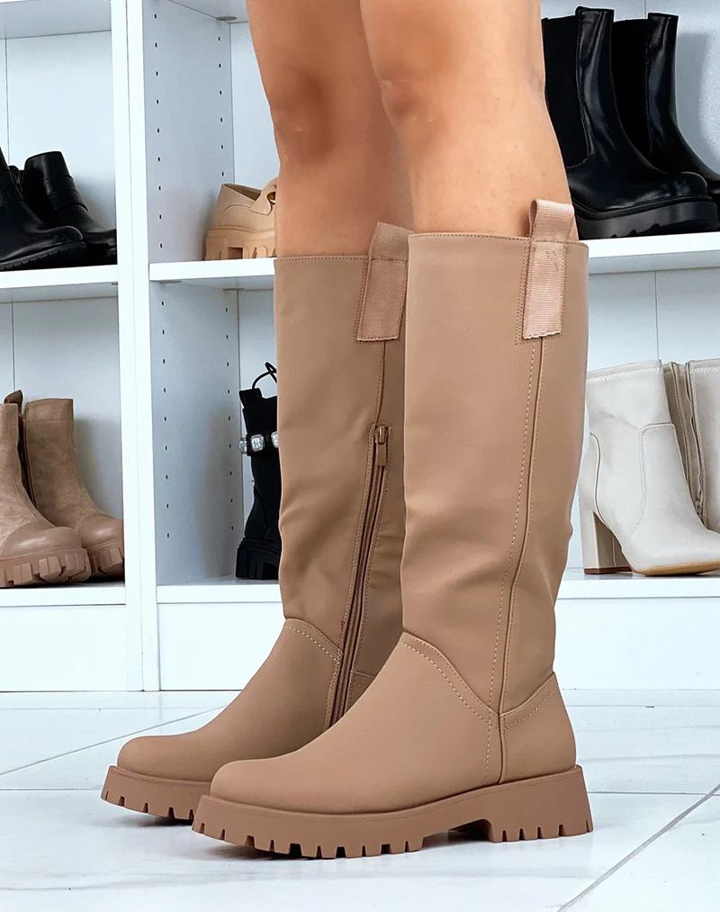 Bottes hautes beige foncé gommé avec empiècement en tissu