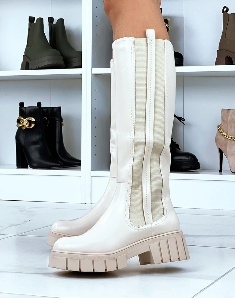 Bottes hautes beiges à semelle épaisse