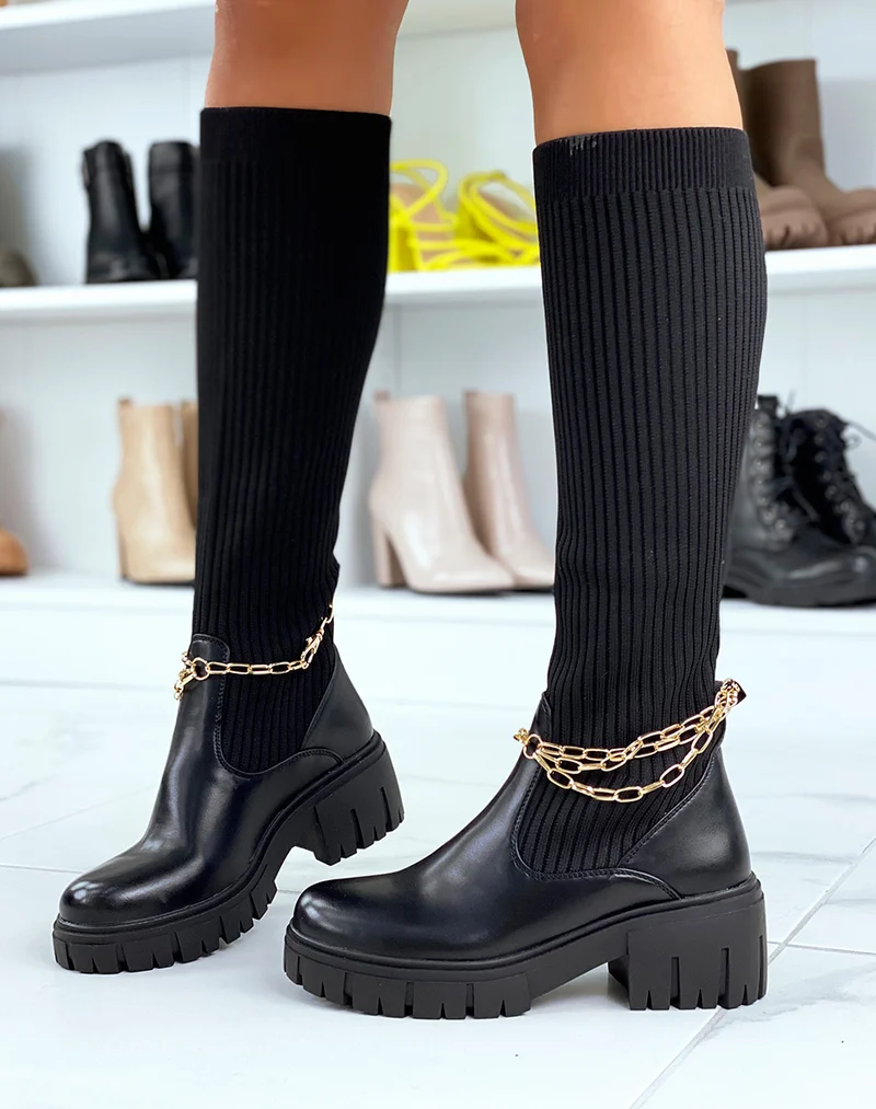 Bottes noires montantes effet chaussette à fines chaines dorées