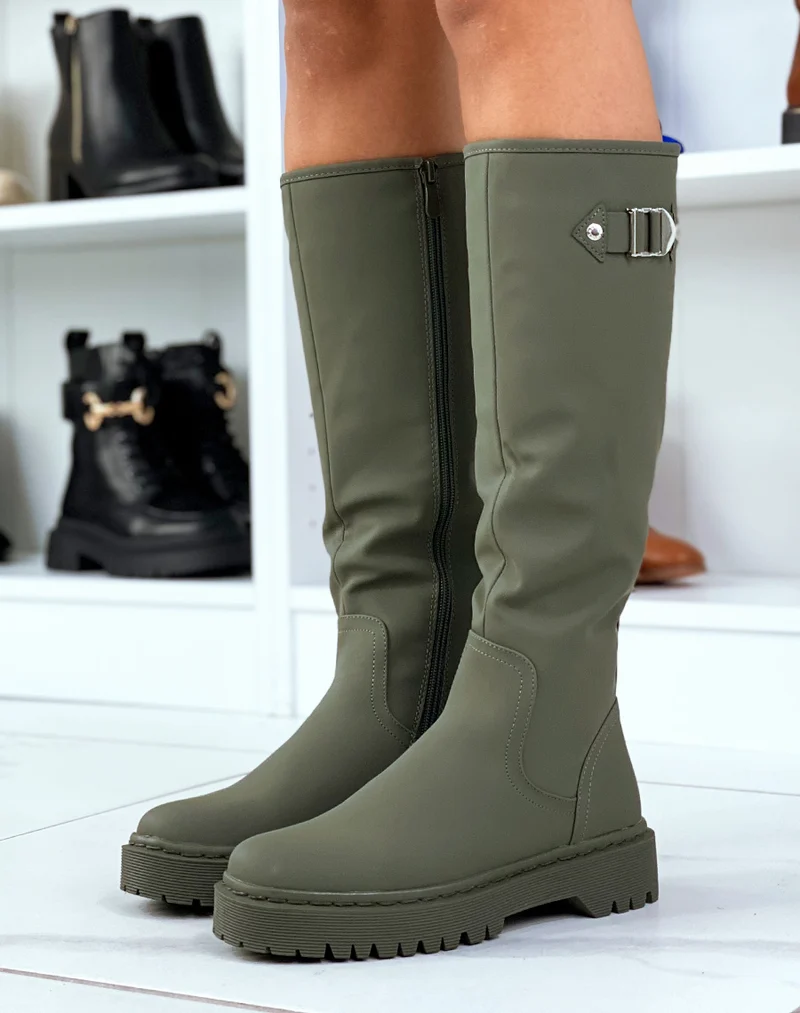 Bottes montantes Kaki à semelles plates à détails argentés