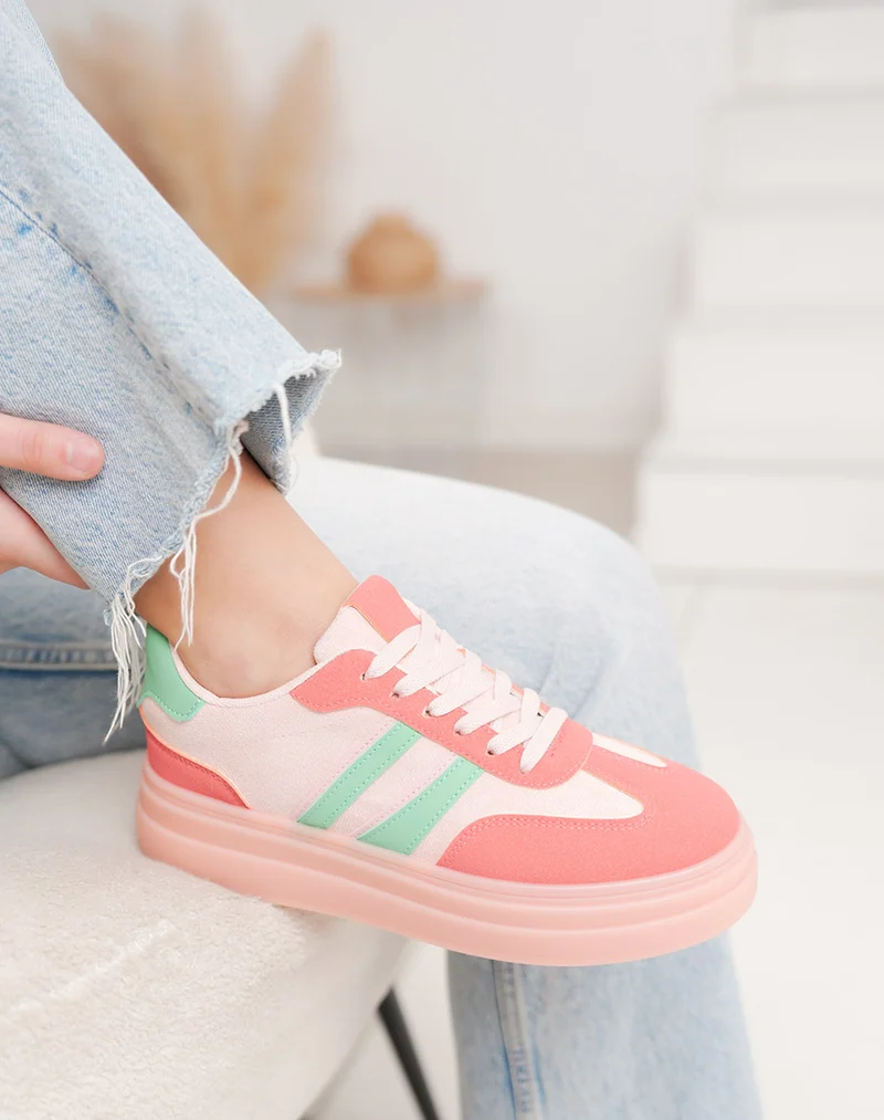 Basket femme rose tendance à double plateforme avec rayures vertes