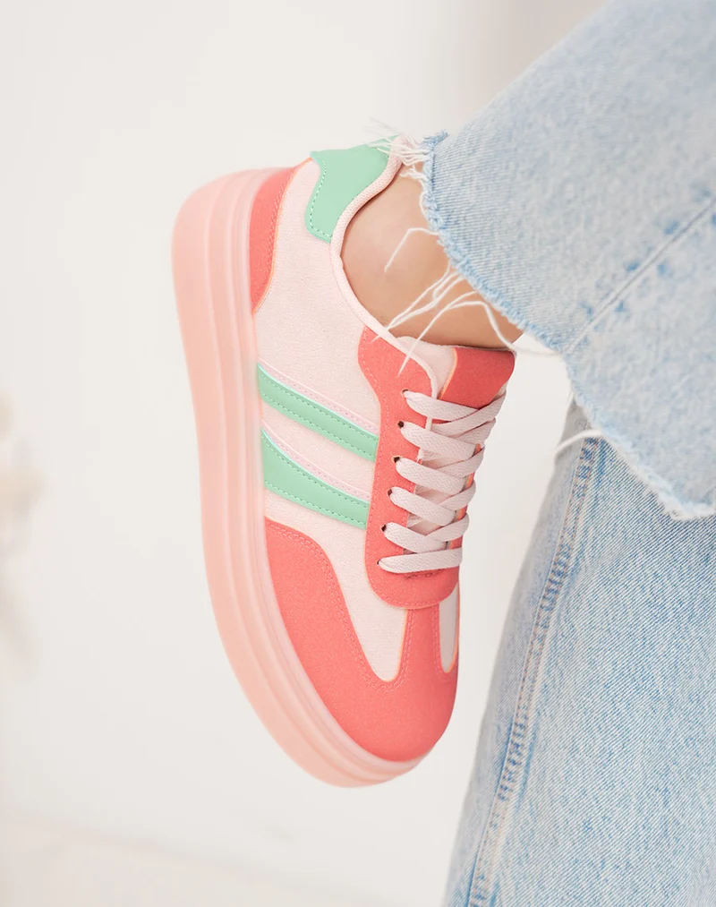 Basket femme rose tendance à double plateforme avec rayures vertes