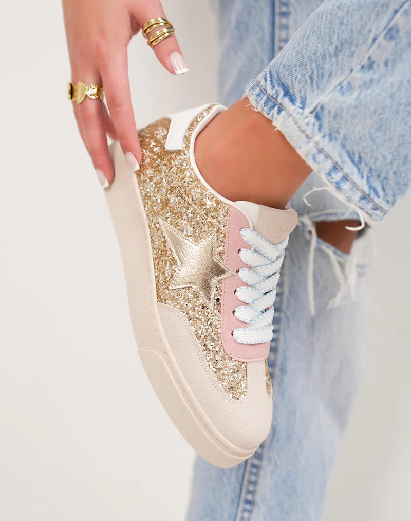 Basket femme dorée pailletée tendance avec étoile et lacets bleu pastel