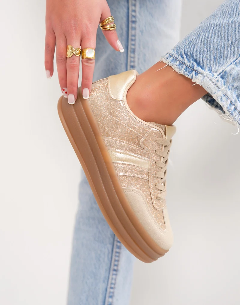 Basket femme dorée tendance à paillettes avec semelle plateforme épaisse