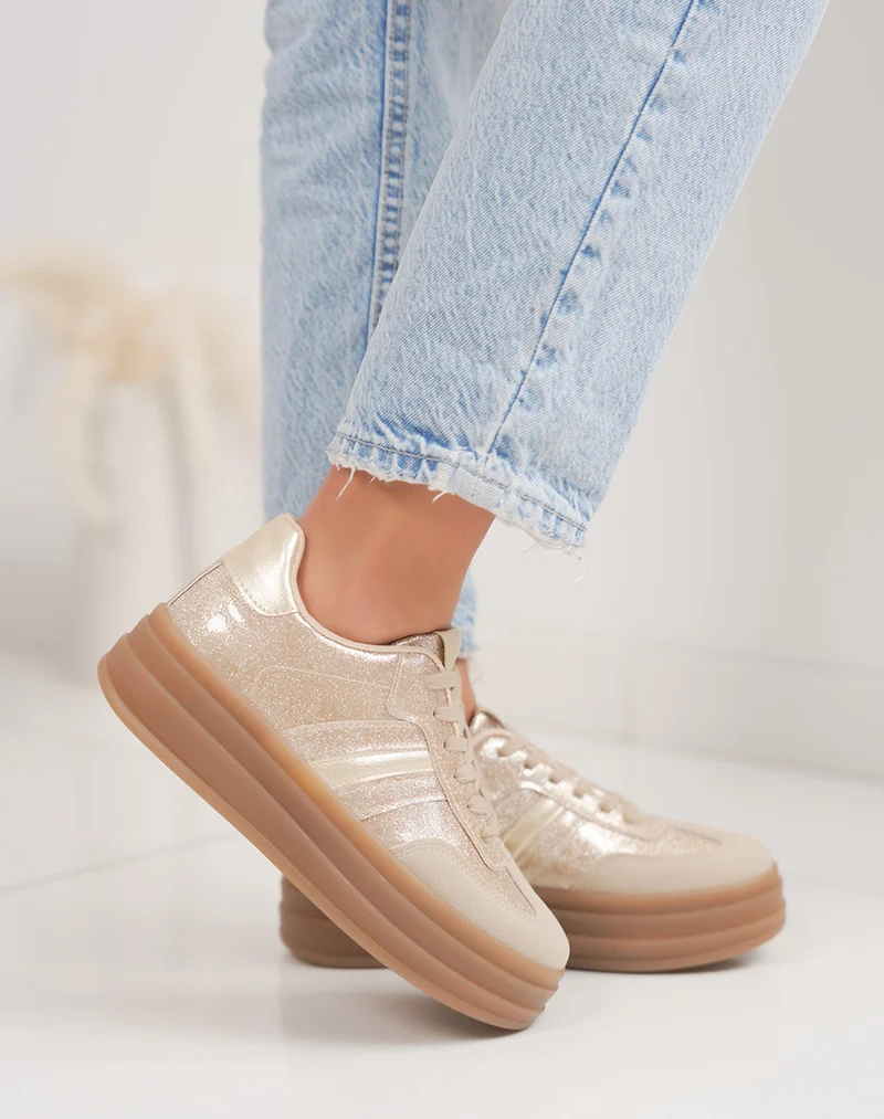 Basket femme dorée tendance à paillettes avec semelle plateforme épaisse