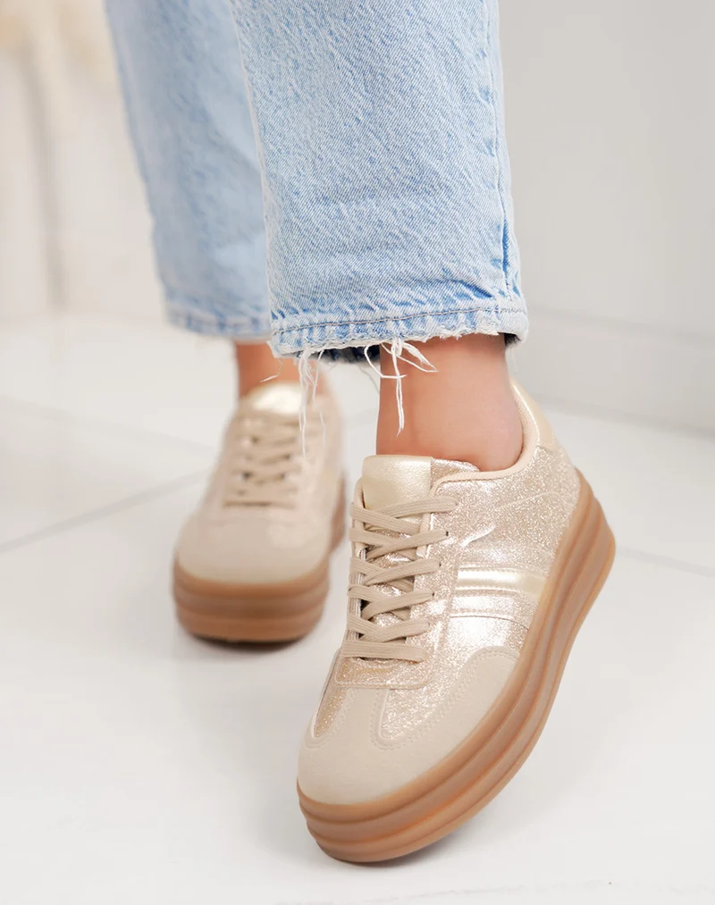 Basket femme dorée tendance à paillettes avec semelle plateforme épaisse