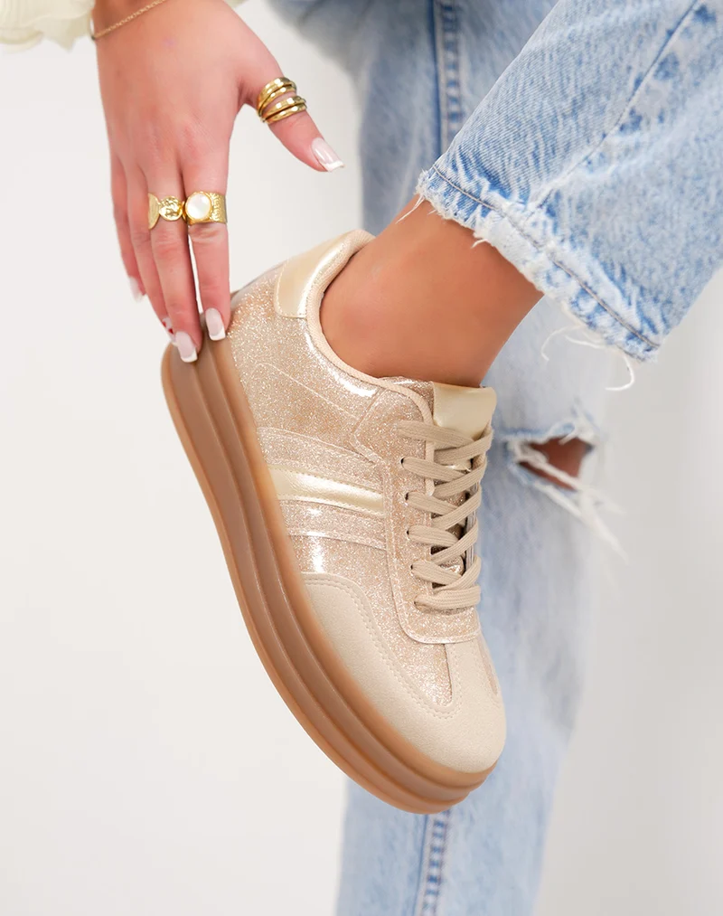 Basket femme dorée tendance à paillettes avec semelle plateforme épaisse