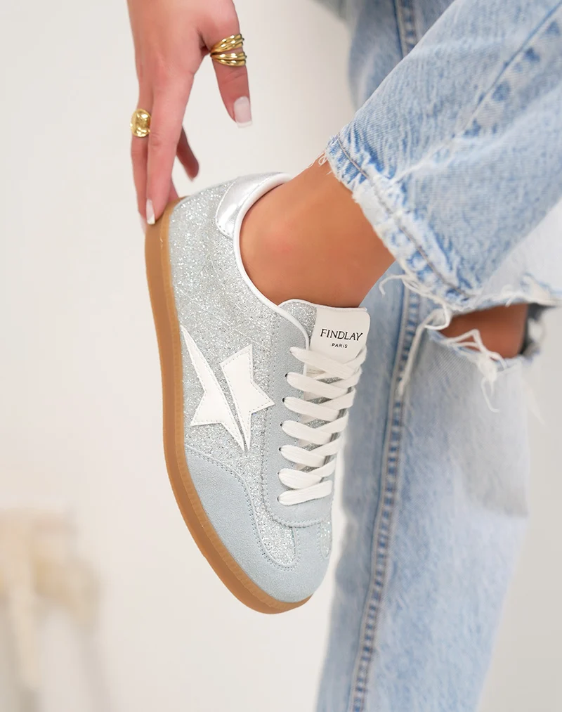 Basket femme bleu pailletée tendance avec empiècements bleu et argenté