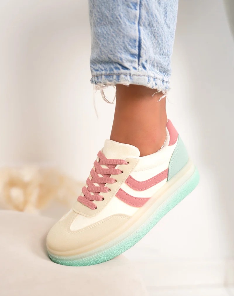 Basket femme jaune pastel tendance à plateforme avec empiècements rose et vert