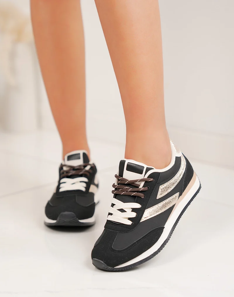 Baskets femme noires avec empiècements dorés effet croco et double lacets