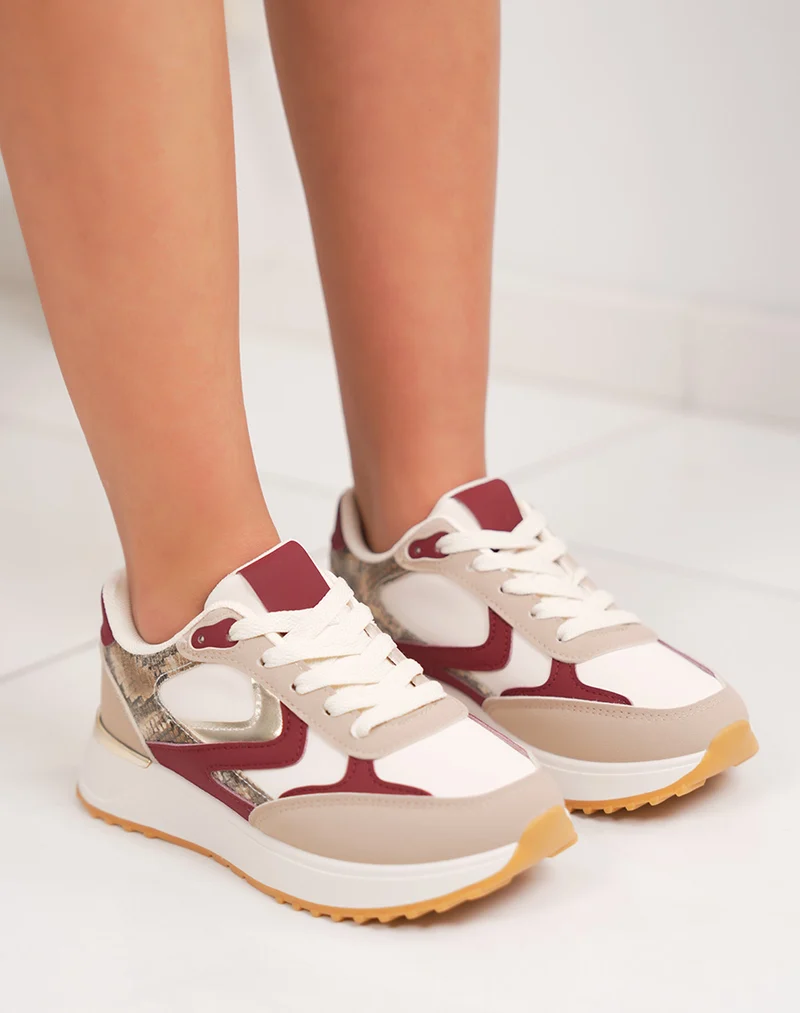 Basket femme beige avec empiècement bordeaux croco et doré