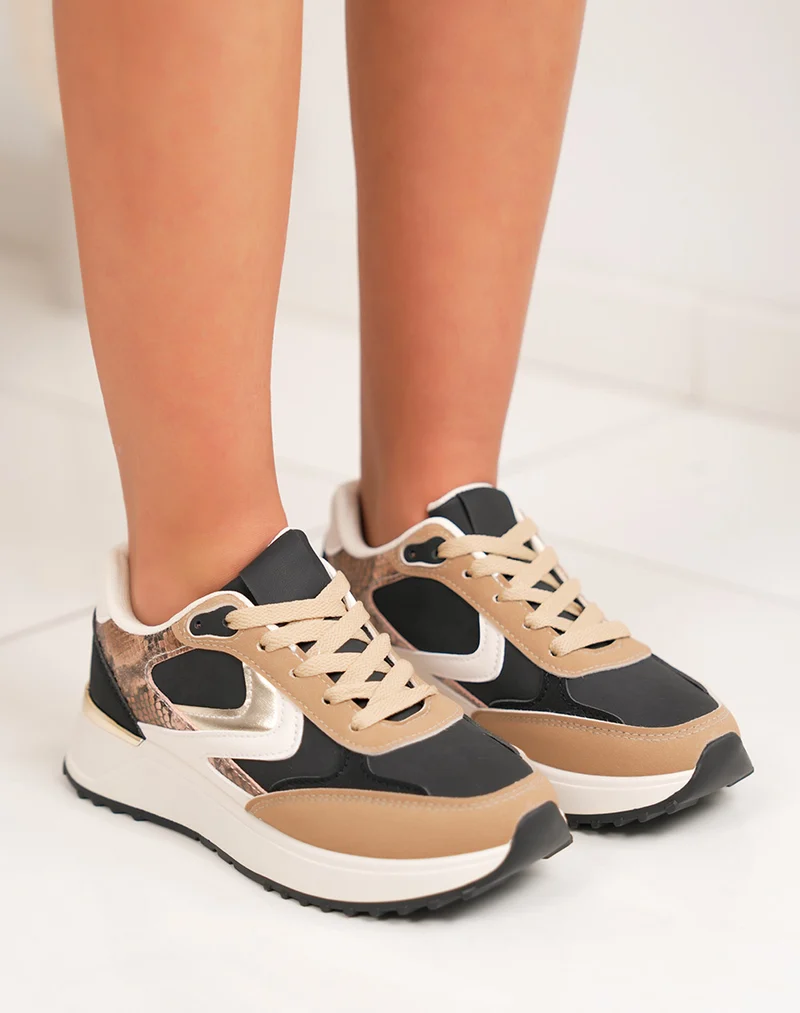 Basket femme noire tendance avec empiècement croco marron doré