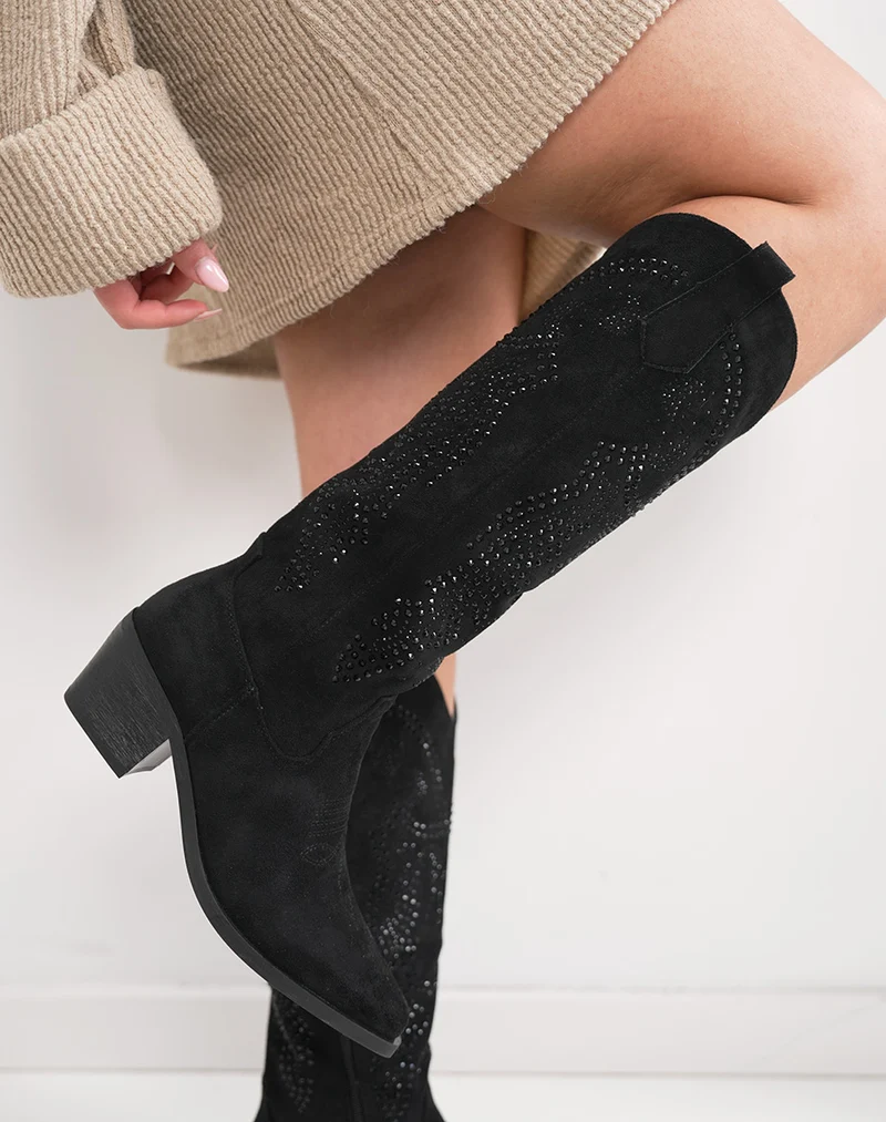 Santiags femme noires à strass en suédine avec bout pointu et talon épais chic