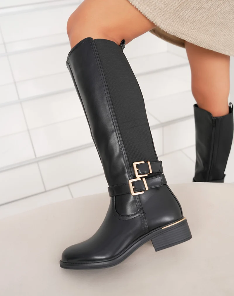 Bottes noires à élastique avec double boucle dorée et liseré – intérieur fourré