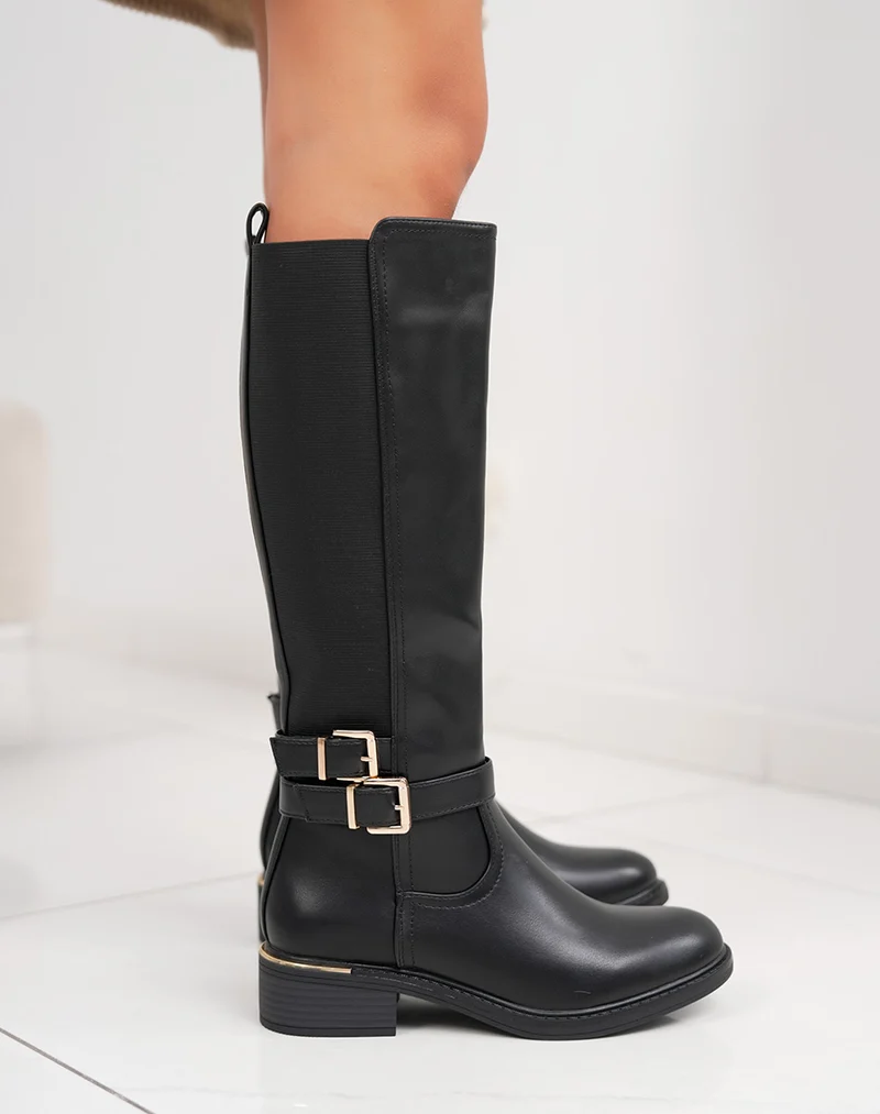Bottes noires à élastique avec double boucle dorée et liseré – intérieur fourré